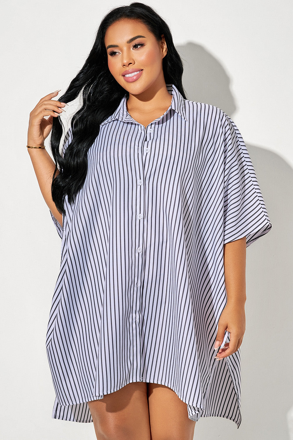 Black & White Striped Button Down Oversized Cover Up