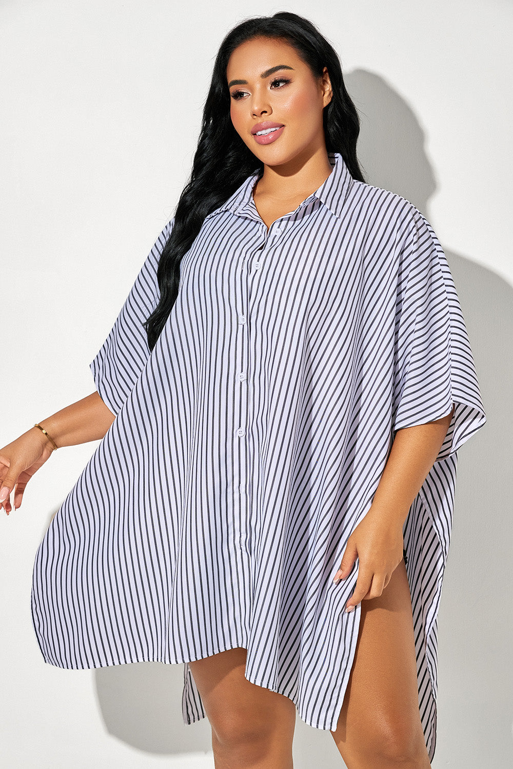 Black & White Striped Button Down Oversized Cover Up