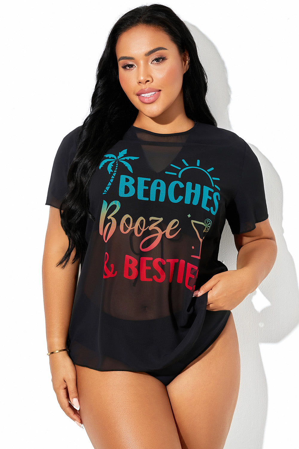 Letter Printed Sheer Mesh Short-Sleeve Cover Up