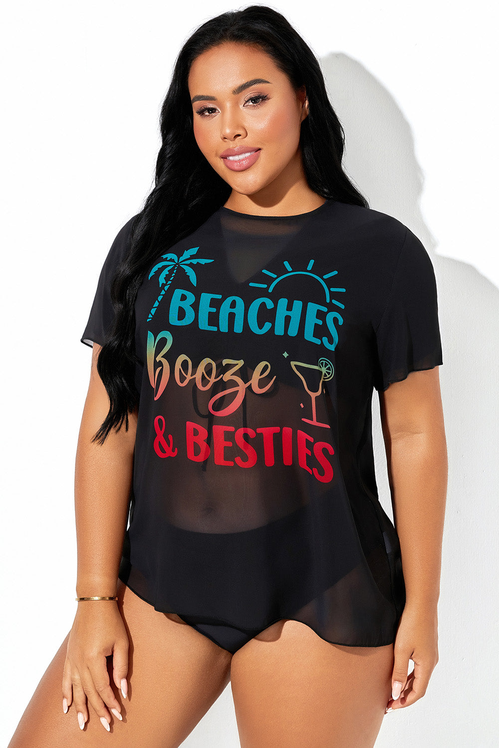 Letter Printed Sheer Mesh Short-Sleeve Cover Up