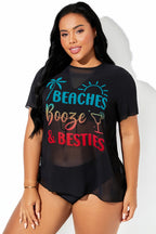 Letter Printed Sheer Mesh Short-Sleeve Cover Up