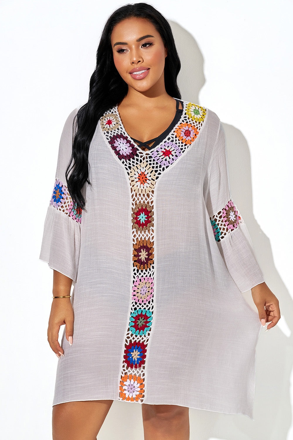 Crochet Colorful Floral Side Slit Loose Cover Up