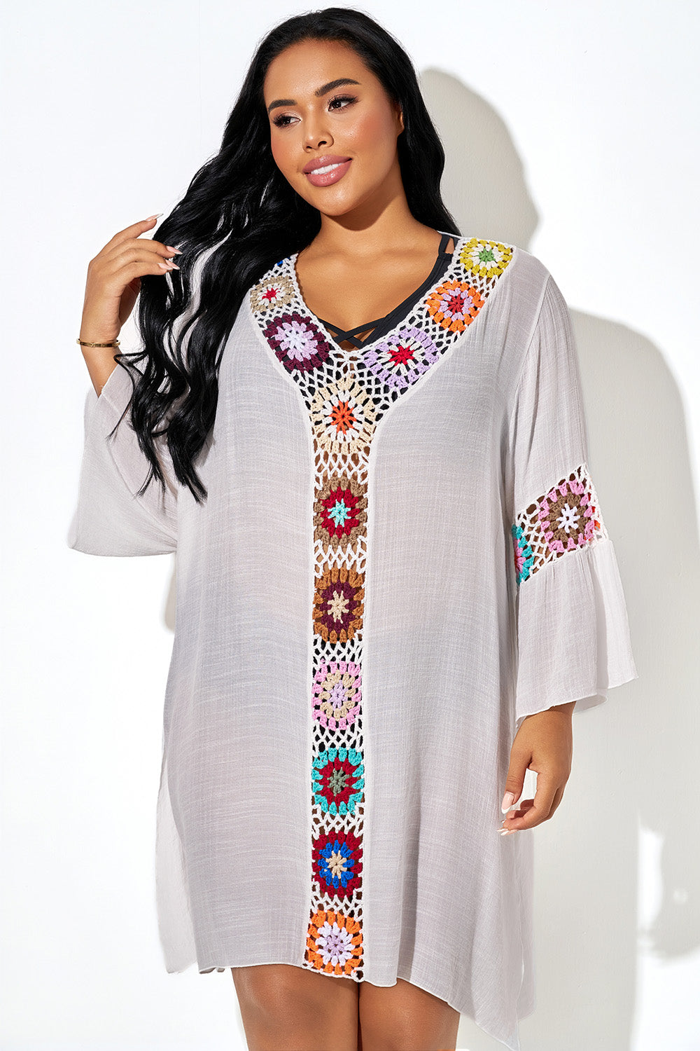 Crochet Colorful Floral Side Slit Loose Cover Up