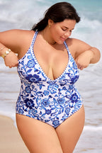 Blue & White Porcelain Patterned One Piece Swimsuit