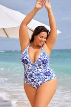 Blue & White Porcelain Patterned One Piece Swimsuit