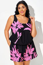 Pink Floral Print Pockets One Piece Swimsuit