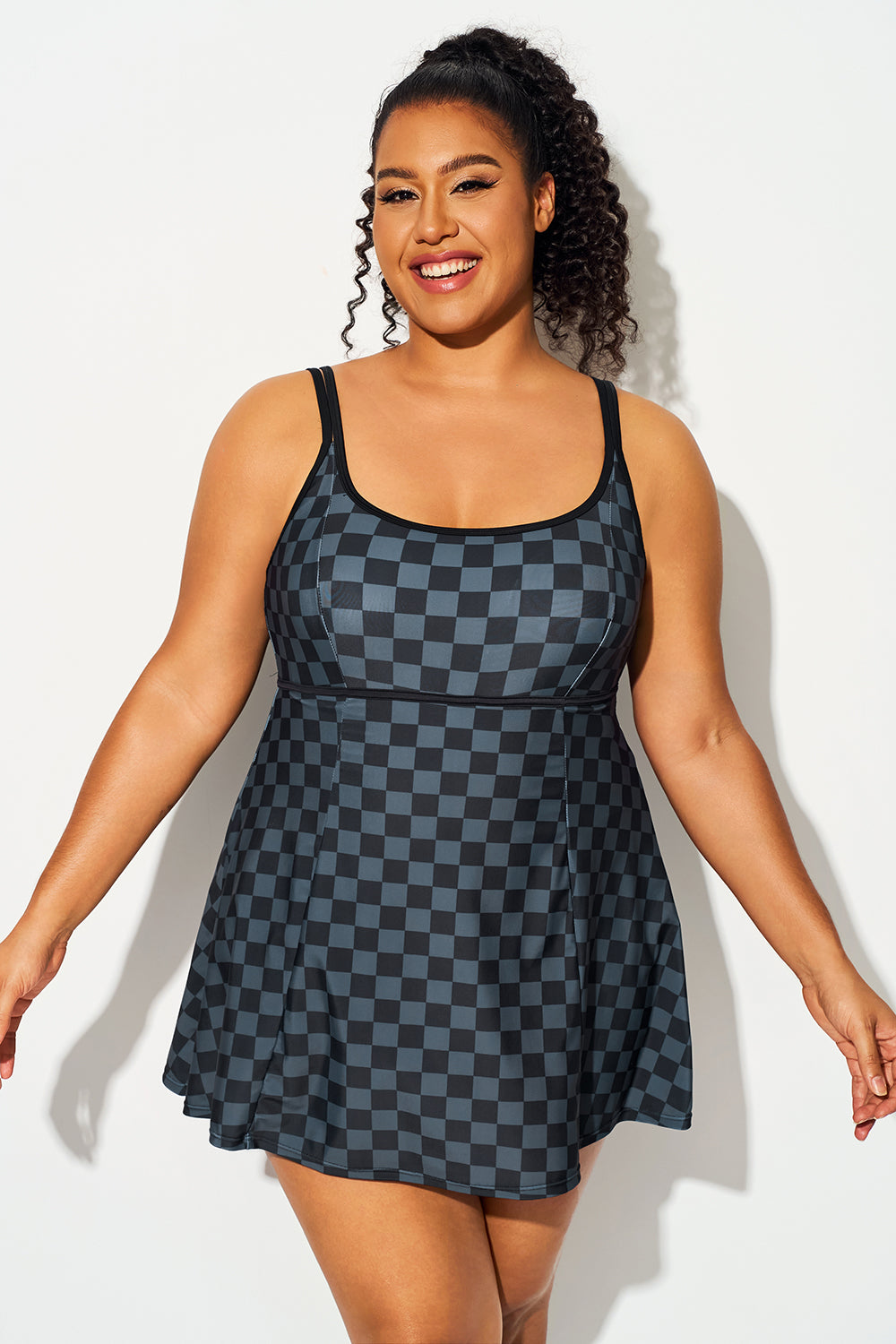 Black Check Double Shoulder Straps Flowy Swimdress