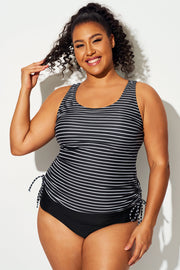 Black & White Striped Print Drawstring Tankini Top
