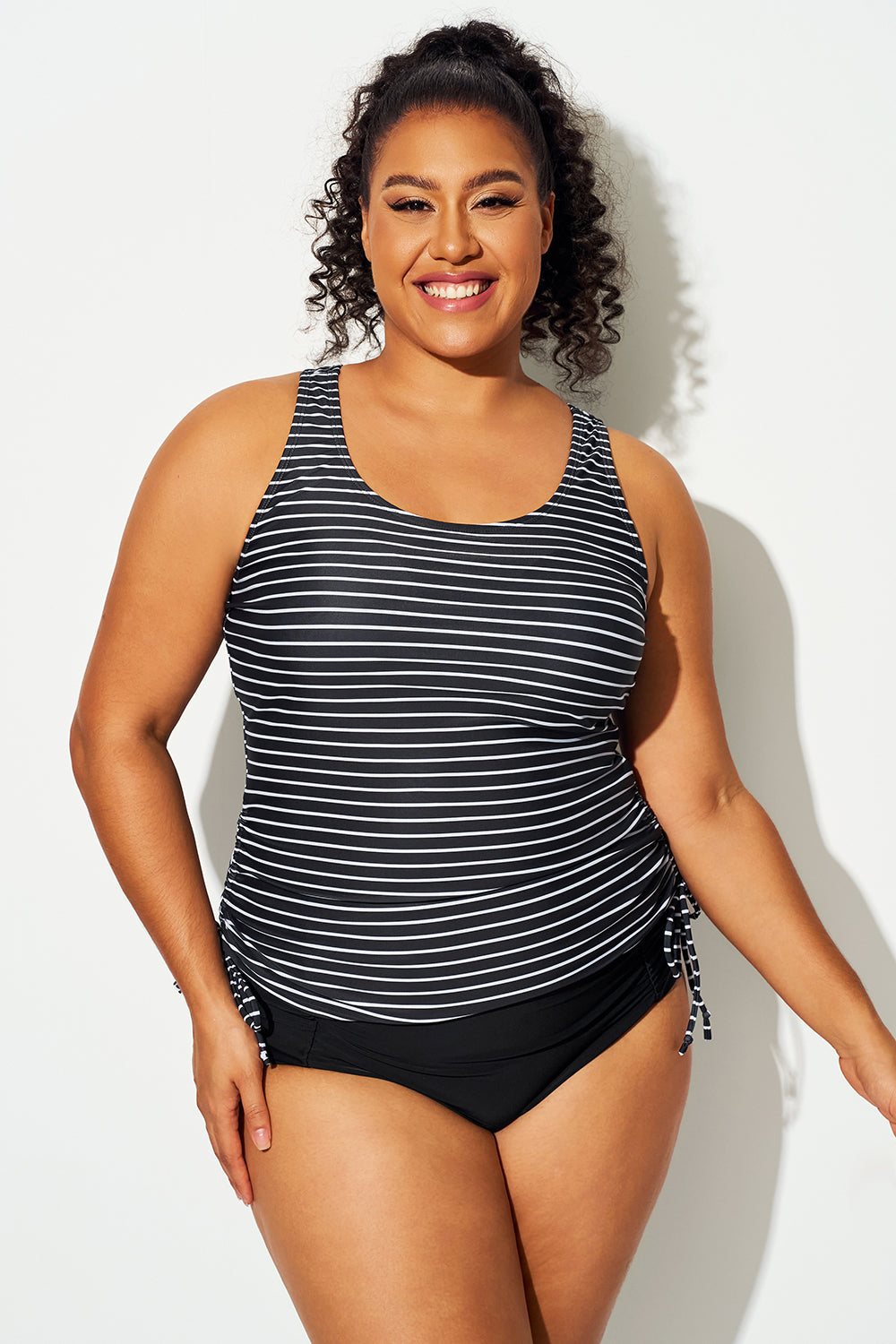 Black & White Striped Print Drawstring Tankini Top