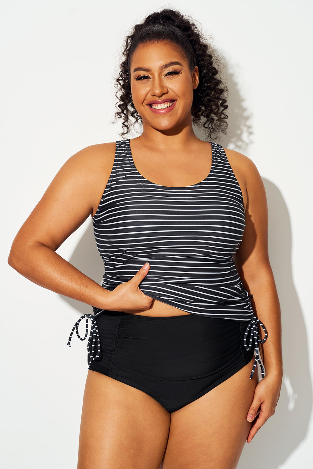 Black & White Striped Print Drawstring Tankini Top