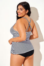 Plus Size Criss-Cross Striped Backless Tankini Top