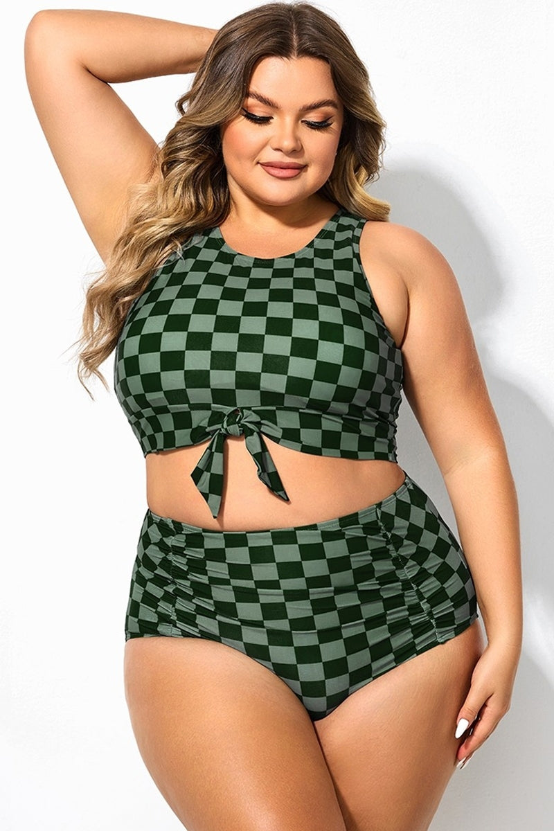 Plus Size Green Check Knotted Crop Bikini Top