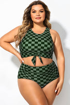 Plus Size Green Check Knotted Crop Bikini Top