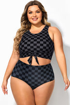 Black Grey Check Knotted Crop Bikini Top