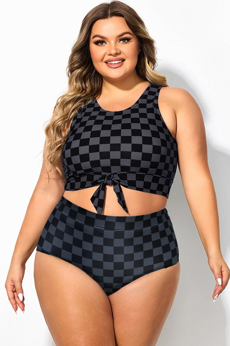 Black Grey Check Knotted Crop Bikini Top