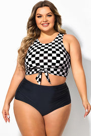 Black & White Check Knotted Crop Bikini Top
