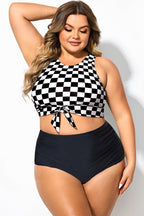 Black & White Check Knotted Crop Bikini Top