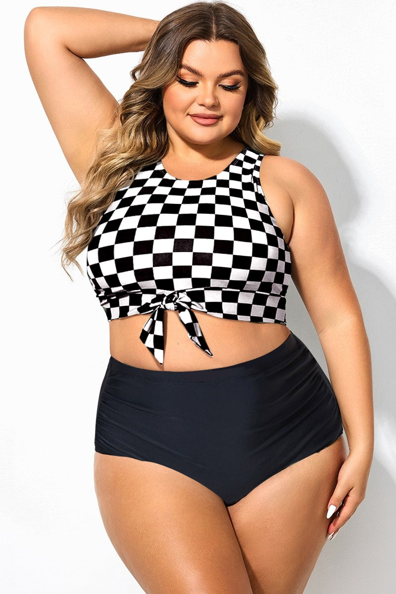 Black & White Check Knotted Crop Bikini Top