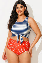 Blue & White Striped Knotted Crop Bikini Top