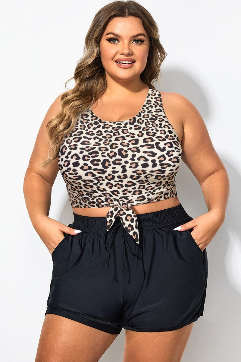 Plus Size Leopard Print Knotted Crop Bikini Top