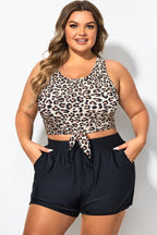 Plus Size Leopard Print Knotted Crop Bikini Top