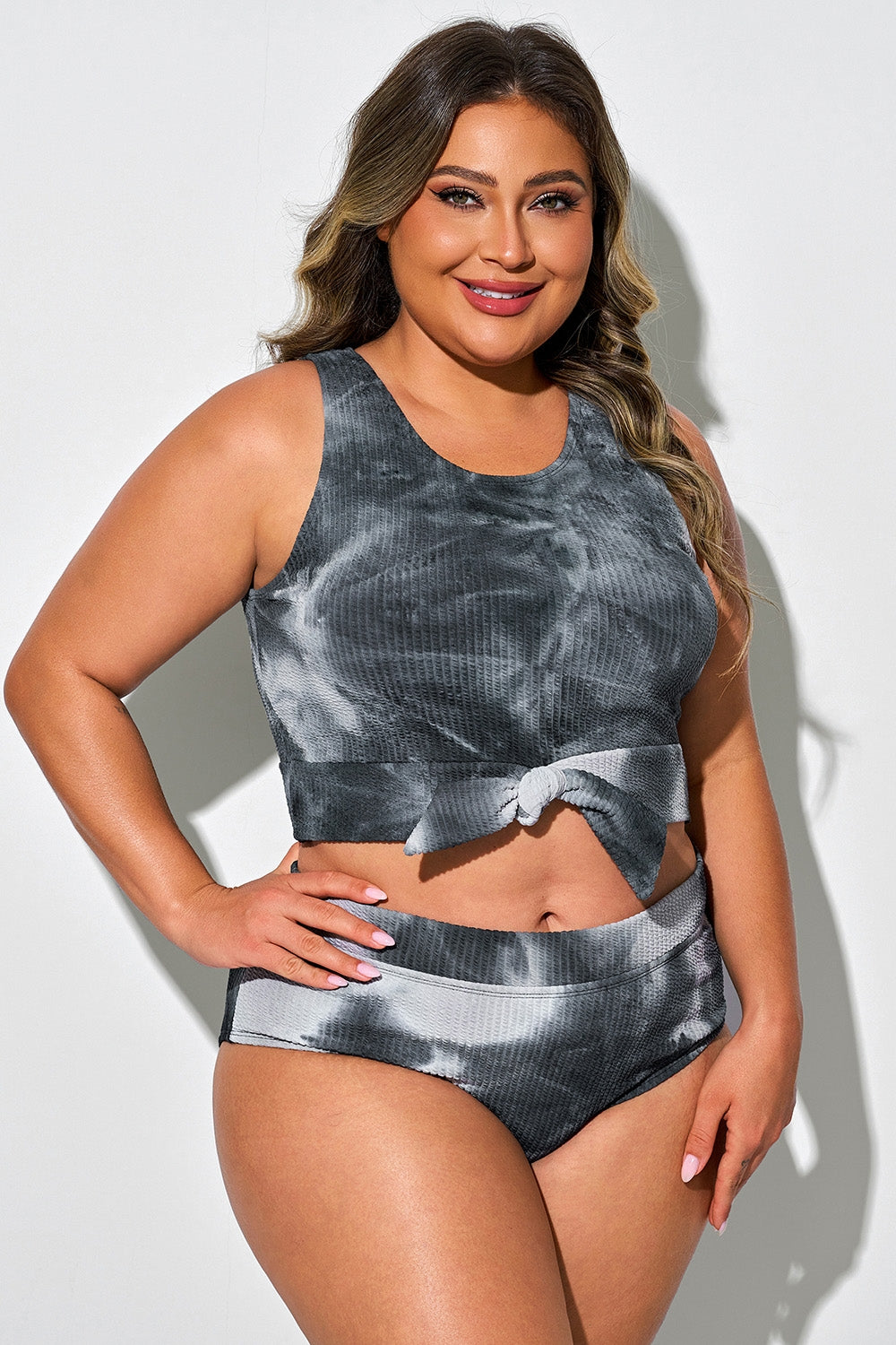 Tie-Dye Gray & Black Knotted Crop Bikini Top
