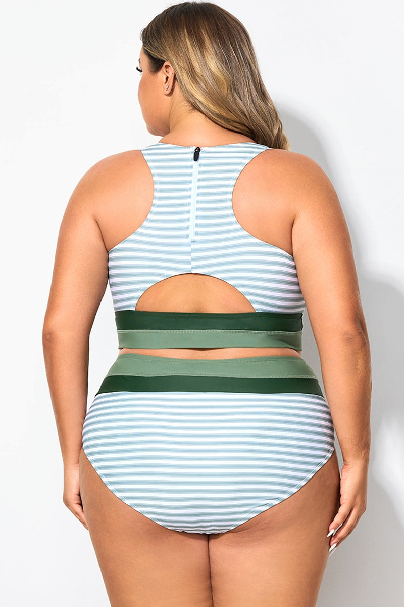 Plus Size Green Striped Patchwork Bikini Top