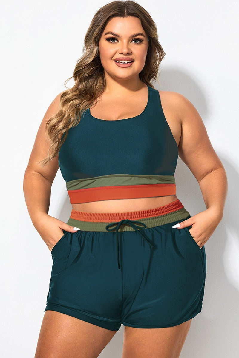 Plus Size Round Neck Colorblock Patchwork Bikini Top