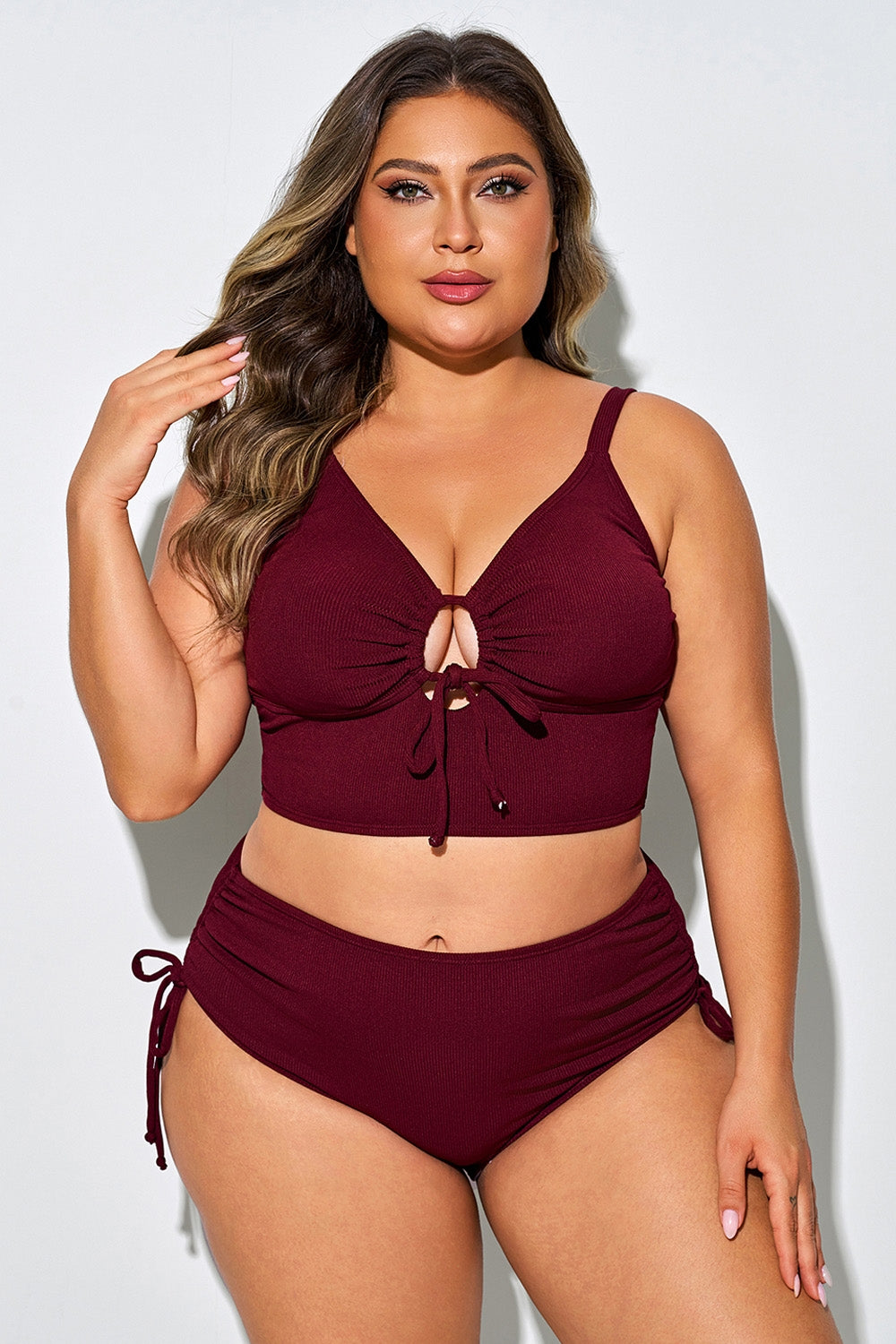 Tie Front Spaghetti Strap High Waisted Bikini Top