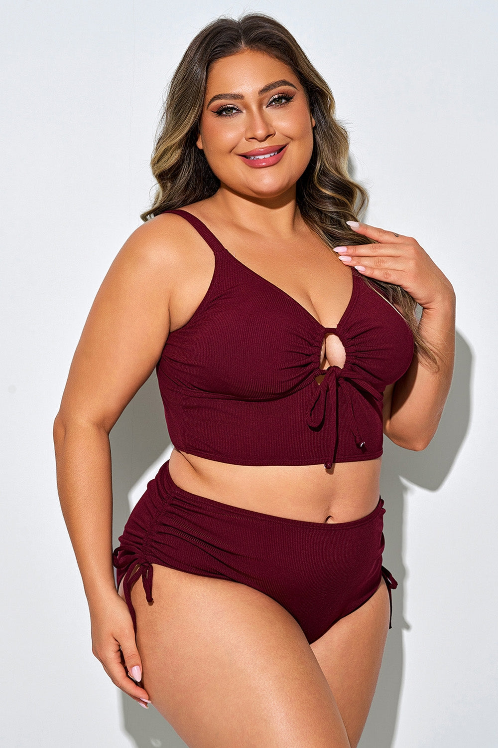 Tie Front Spaghetti Strap High Waisted Bikini Top