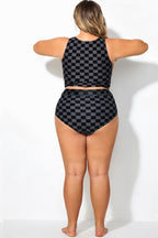 Black Check Elegant High Waist Swim Brief