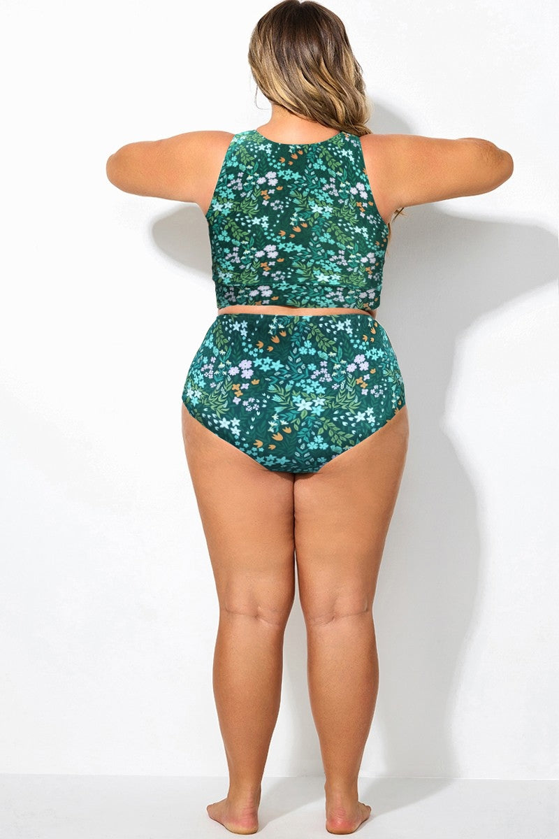 Green Cottage Floral Print High Waisted Bottom