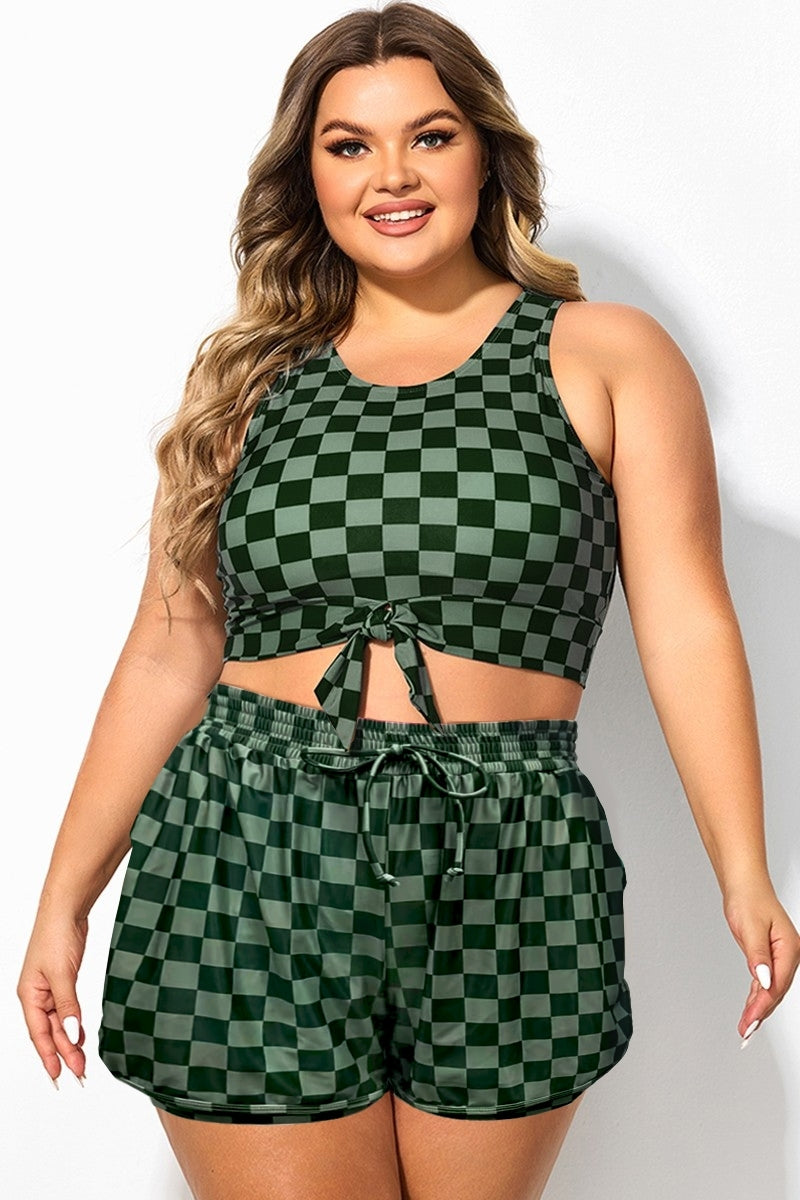 Plus Size Green Check Knotted Crop Bikini Top
