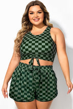 Plus Size Green Check Knotted Crop Bikini Top
