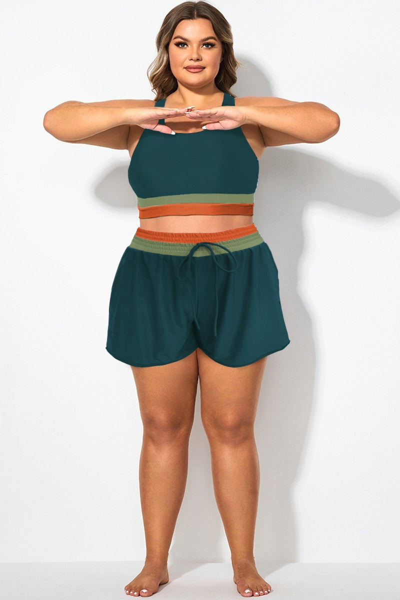 Plus Size Colorblock Patchwork Mid Waist Women Shorts