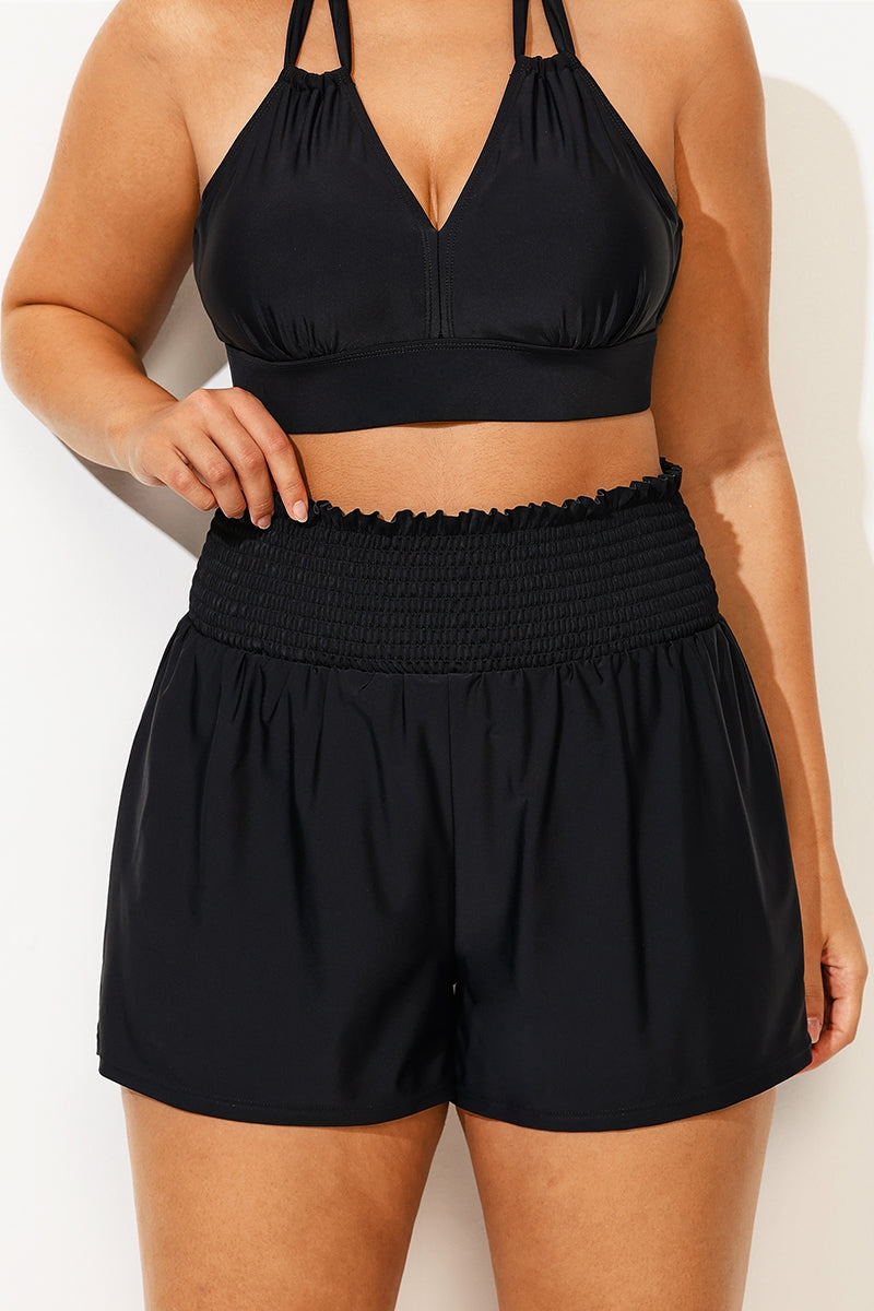 Solid Color Ruffle Trim Decoration Elastic Waist Shorts
