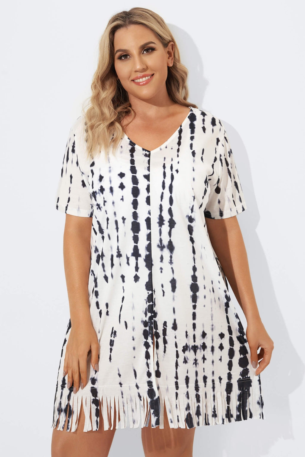Front Slit Fringe Trim Tunic Cover Up