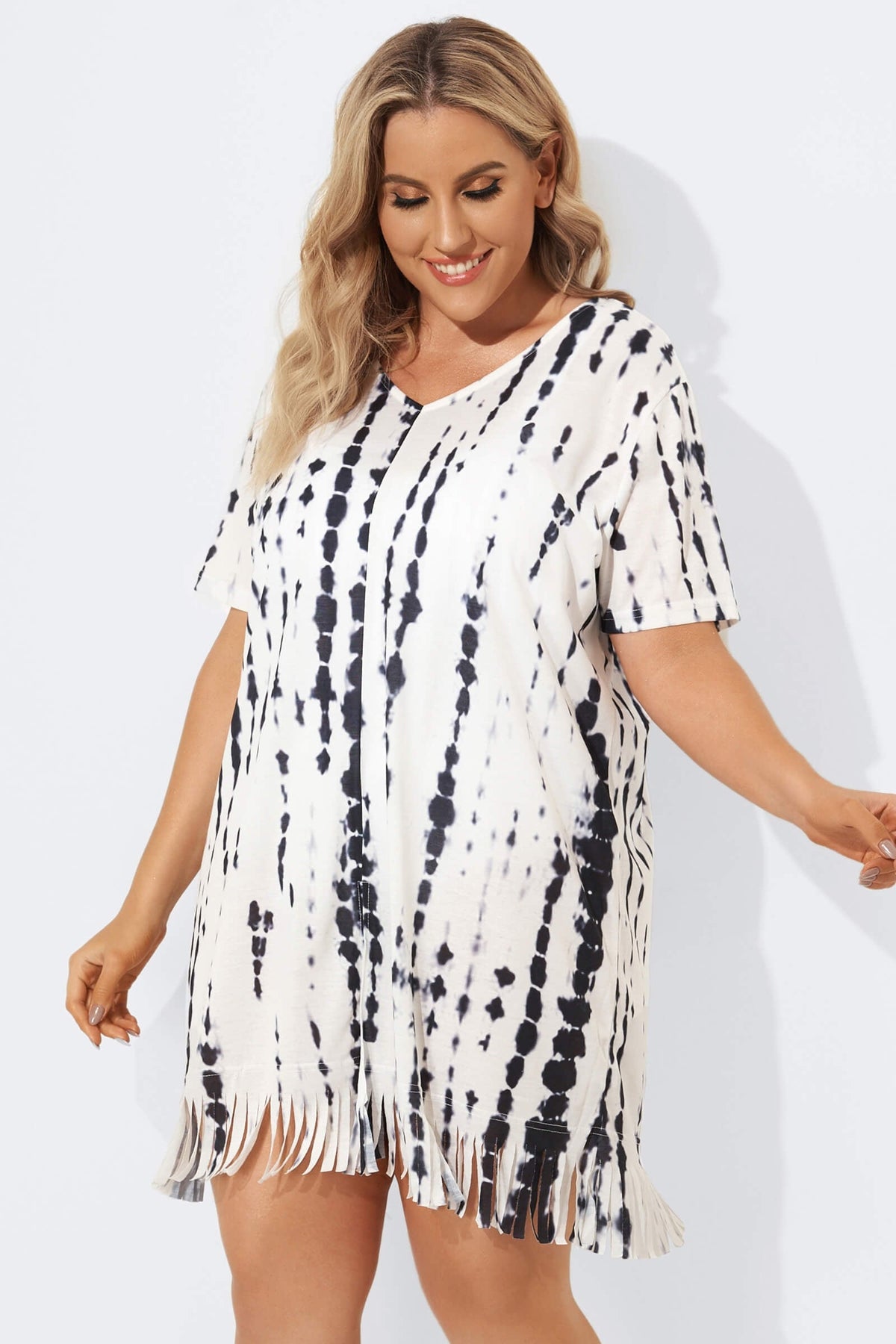 Front Slit Fringe Trim Tunic Cover Up