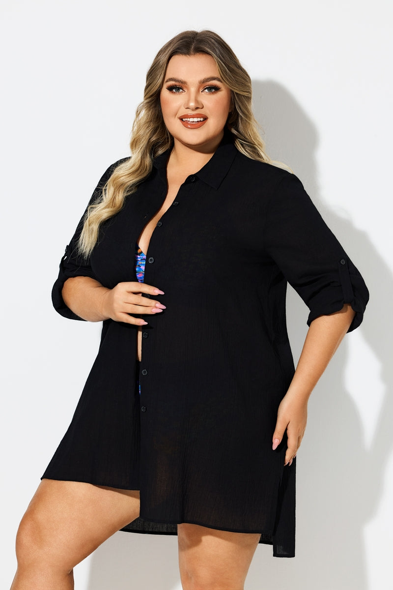 Black Button Front Swim Shirt Cover Up