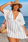 V-Neck Loose Retro Striped Drawstring Cover Up