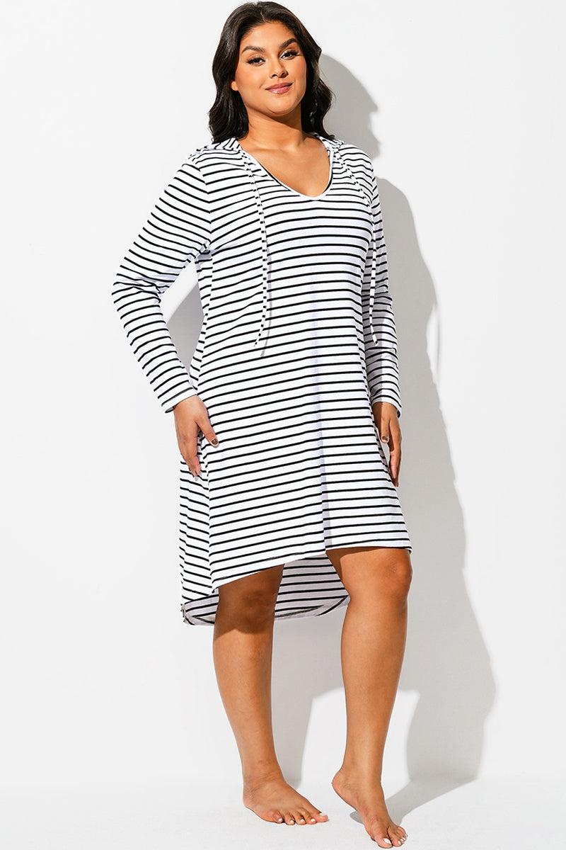 Black & White Striped Cover Up Hoodie Dress