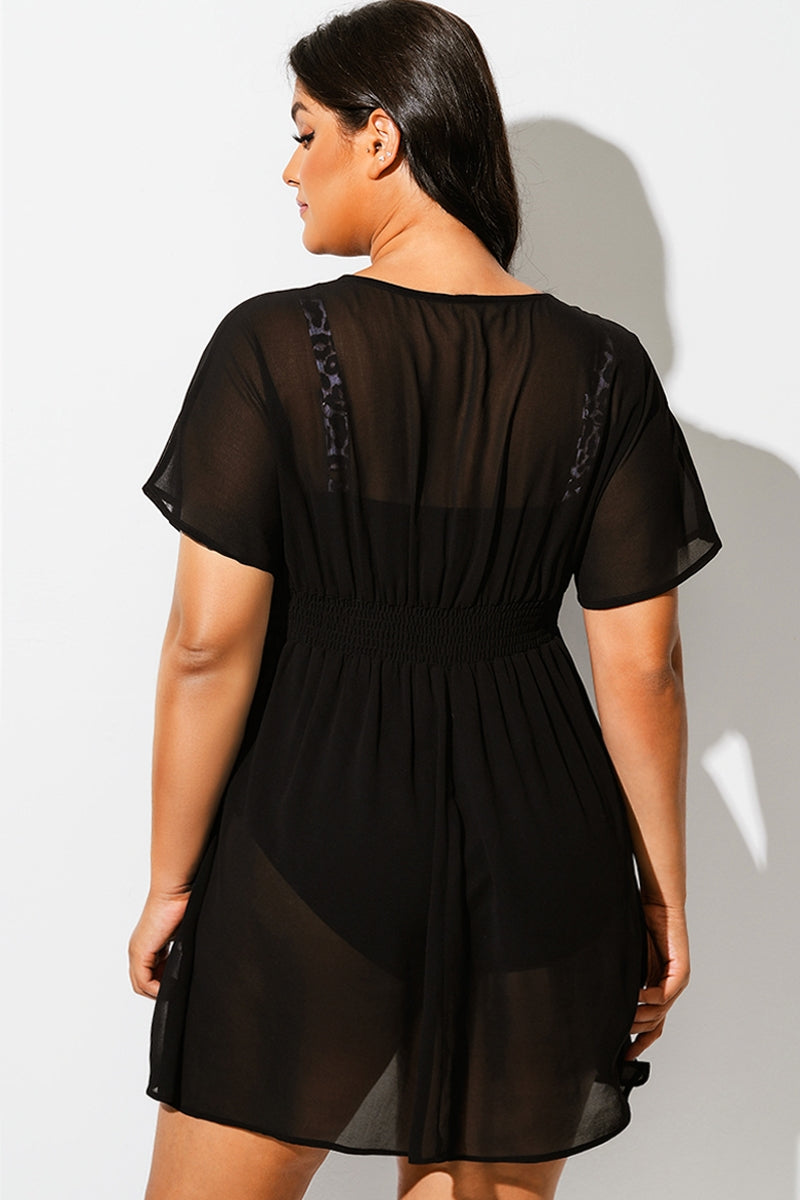 Black Mesh Smocked Waist Cover Up Dress
