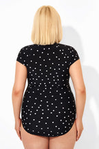 Polka Dots Zipper One Piece Swimsuit with Cap Sleeves