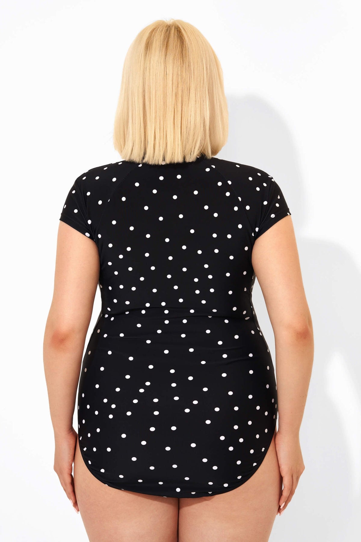 Polka Dots Zipper One Piece Swimsuit with Cap Sleeves