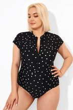 Polka Dots Zipper One Piece Swimsuit with Cap Sleeves