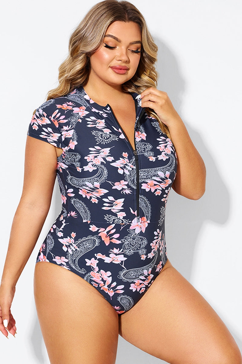 Pink Floral Tummy Control Cap Sleeves One Piece Swimsuit