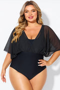 Solid Black Mesh Patchwork One Piece Swimsuit