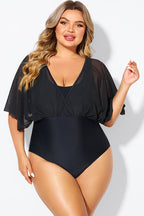 Solid Black Mesh Patchwork One Piece Swimsuit