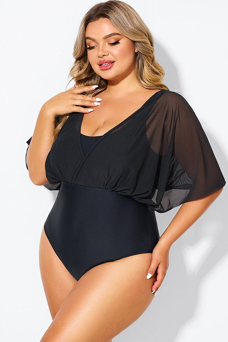 Solid Black Mesh Patchwork One Piece Swimsuit