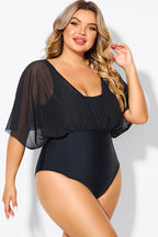 Solid Black Mesh Patchwork One Piece Swimsuit